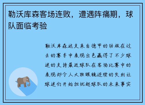 勒沃库森客场连败，遭遇阵痛期，球队面临考验