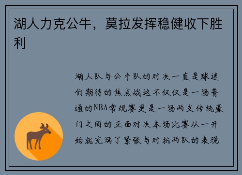 湖人力克公牛，莫拉发挥稳健收下胜利